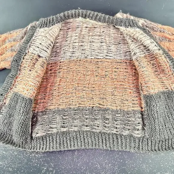 VTG 100% Mohair Cardigan Sweater Orange Gray White Button Front Handmade Chunky - Picture 5 of 10